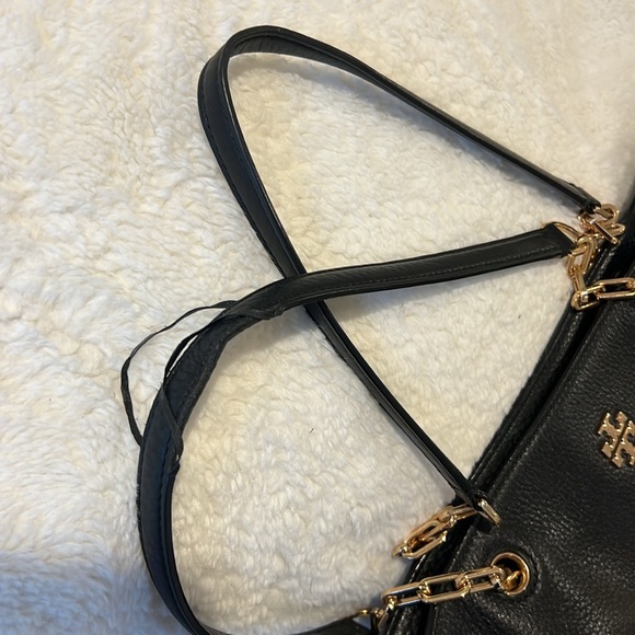 tory burch mcgraw leather tote bag black with gold accents large - Picture 4 of 6